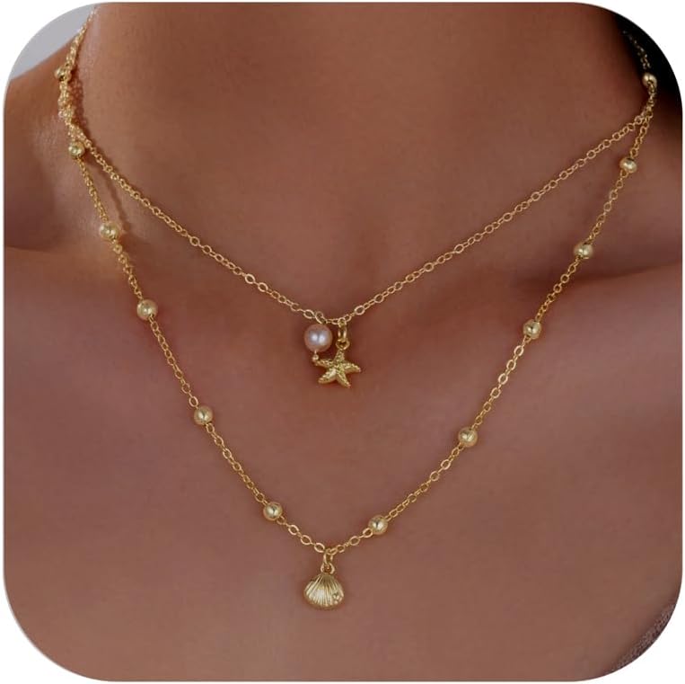Sanyaa Seashell Starfish Necklace for Women Conch Shell Summer Pearl Beach 14k Gold Layered Dainty Choker - Image 1